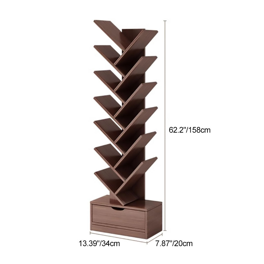 Contemporary Tree-Shaped Solid Wood Bookshelf with Drawer - Eco-Friendly Living Room Storage