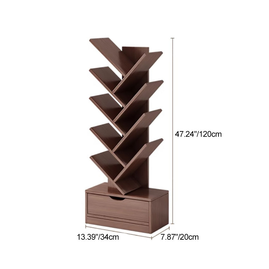 Contemporary Tree-Shaped Solid Wood Bookshelf with Drawer - Eco-Friendly Living Room Storage