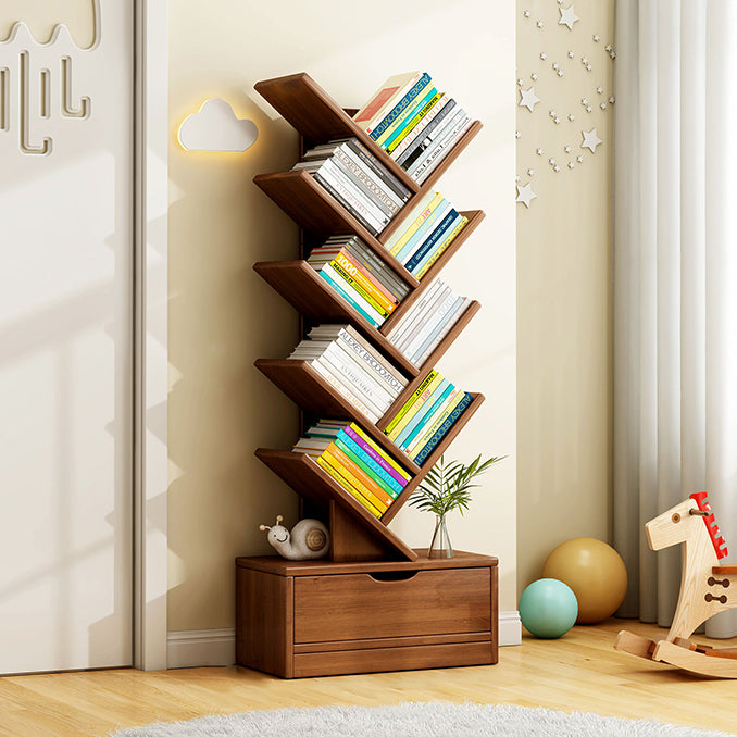 Contemporary Tree-Shaped Solid Wood Bookshelf with Drawer - Eco-Friendly Living Room Storage