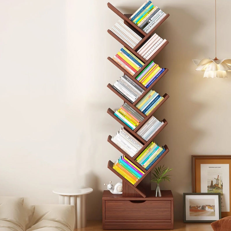Contemporary Tree-Shaped Solid Wood Bookshelf with Drawer - Eco-Friendly Living Room Storage
