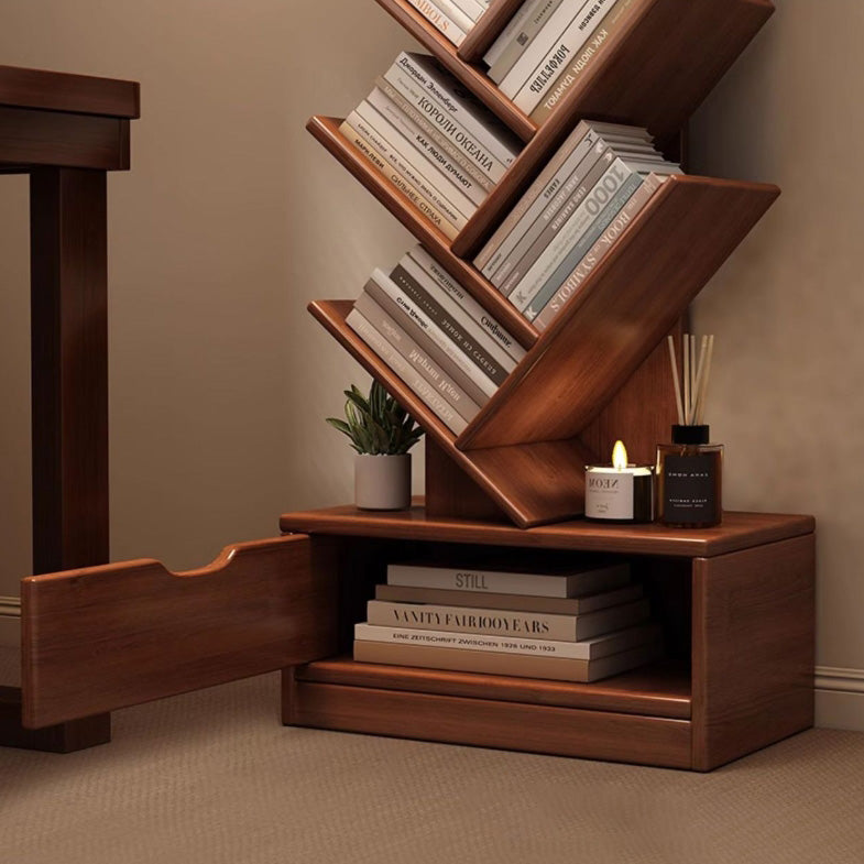 Contemporary Tree-Shaped Solid Wood Bookshelf with Drawer - Eco-Friendly Living Room Storage