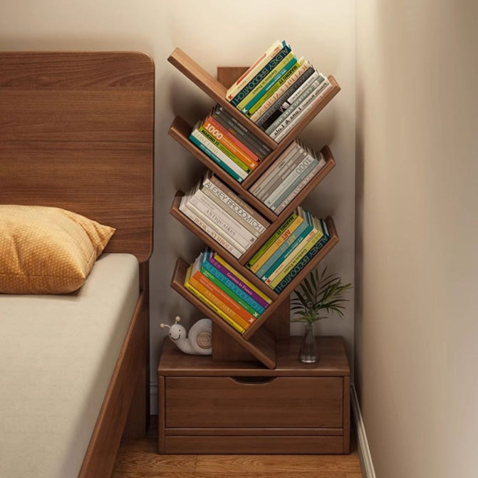 Contemporary Tree-Shaped Solid Wood Bookshelf with Drawer - Eco-Friendly Living Room Storage