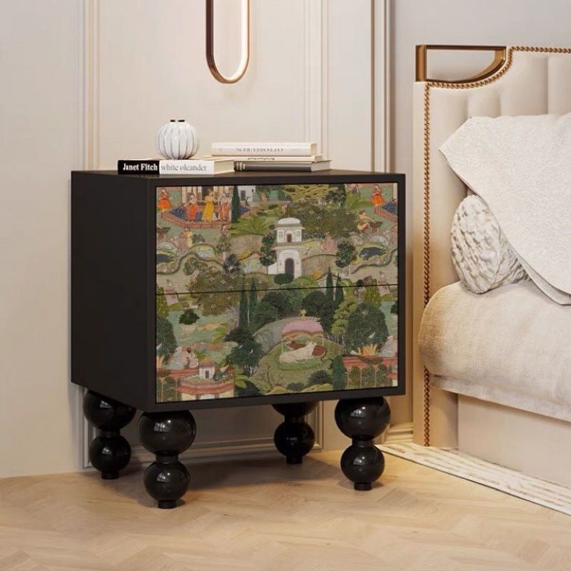 Traditional French-Style Pine Wood Nightstand – Solid Wood with 2 Drawers, Square Nightstand for Bedroom