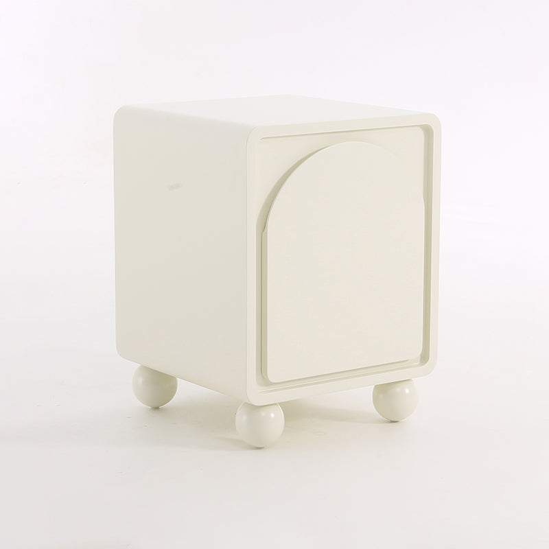Modern Scandinavian Cream Nightstand with One Cabinet – Sculpted Arch Door & Ball-Legged Bedside Table for the Bedroom