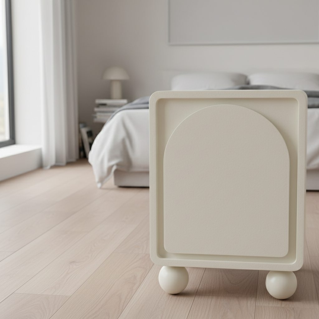 Modern Scandinavian Cream Nightstand with One Cabinet – Sculpted Arch Door & Ball-Legged Bedside Table for the Bedroom