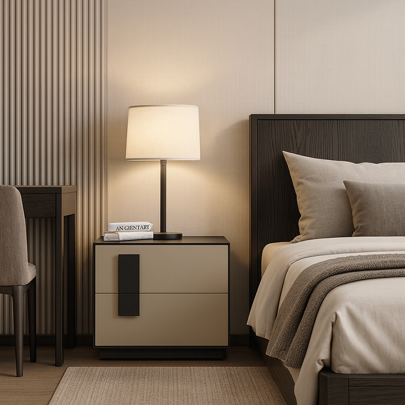 Mid-Century Modern Black & Walnut Two-Drawer Nightstand with Color-Blocking Frame – Sleek Bedside Table for the Bedroom