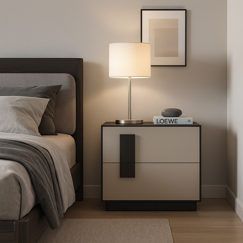 Mid-Century Modern Black & Walnut Two-Drawer Nightstand with Color-Blocking Frame – Sleek Bedside Table for the Bedroom