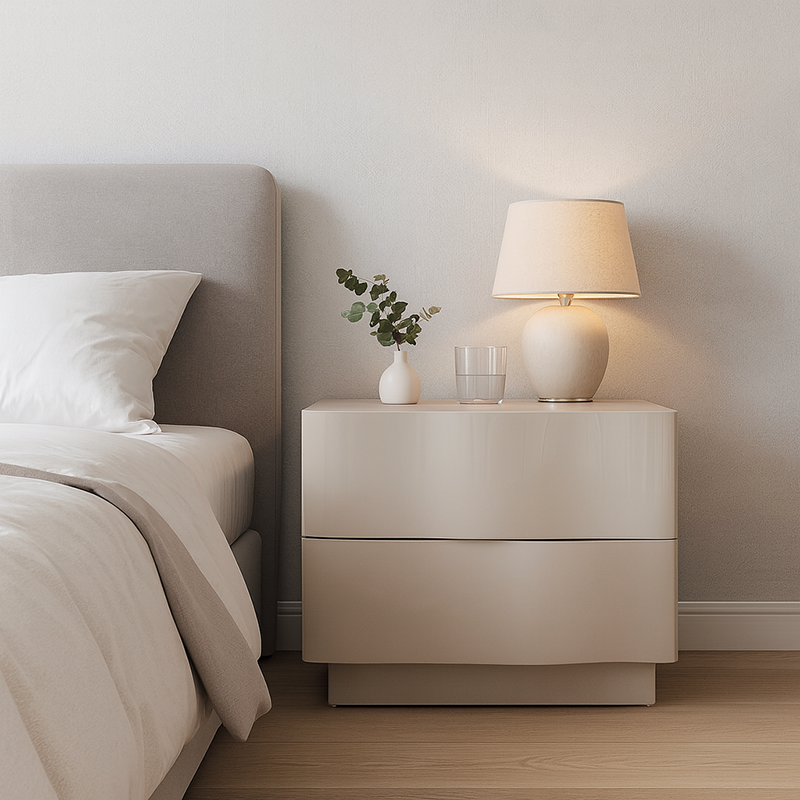 Modern Scandinavian Beige 2-Drawer Storage Nightstand with 3D Wave Pattern Fronts – Sleek Bedside Table for the Bedroom