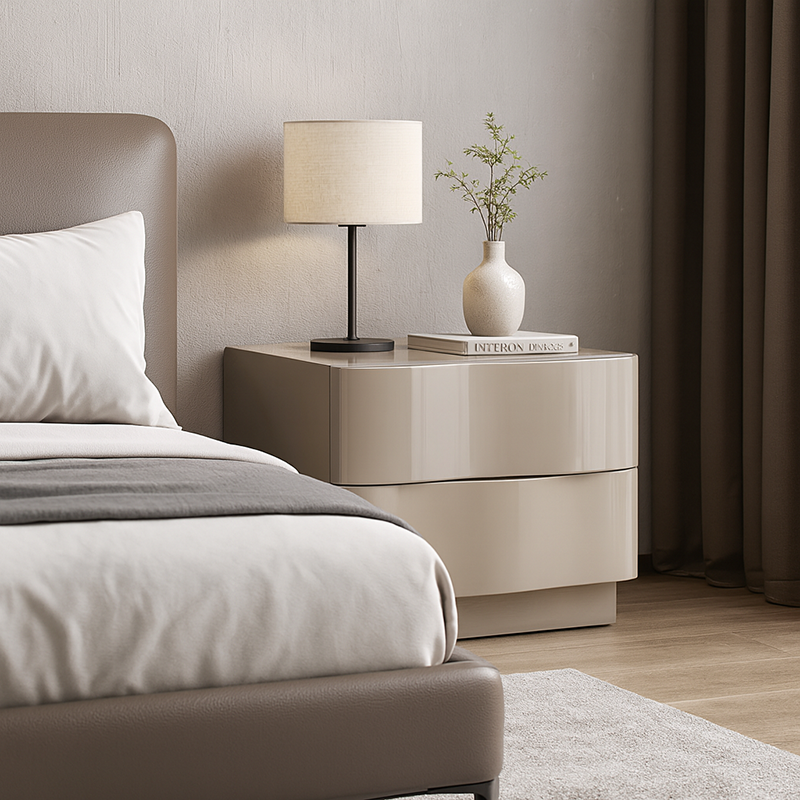 Modern Scandinavian Beige 2-Drawer Storage Nightstand with 3D Wave Pattern Fronts – Sleek Bedside Table for the Bedroom