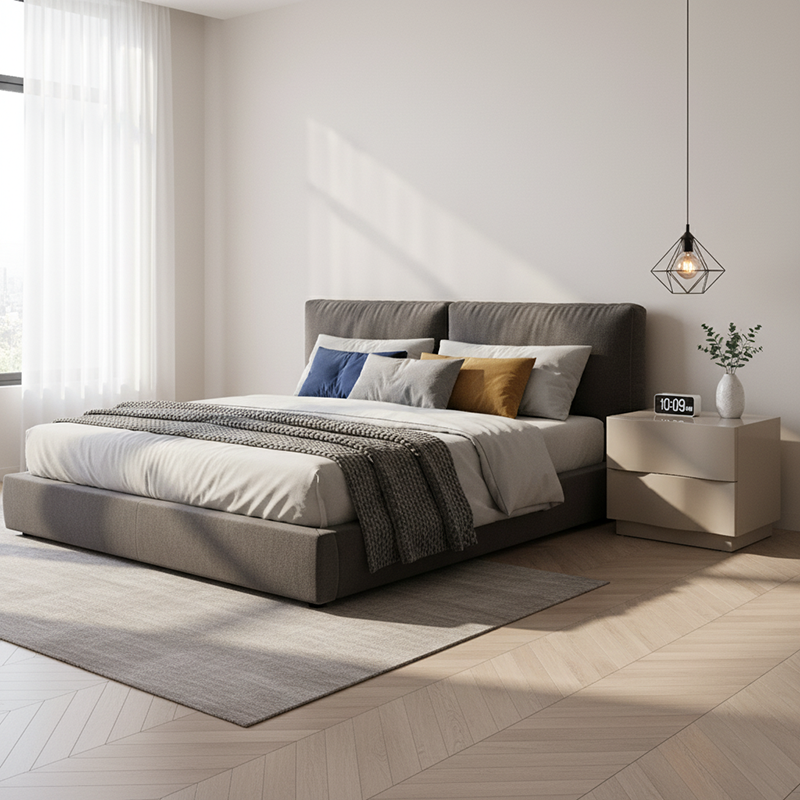 Modern Scandinavian Beige 2-Drawer Storage Nightstand with 3D Wave Pattern Fronts – Sleek Bedside Table for the Bedroom