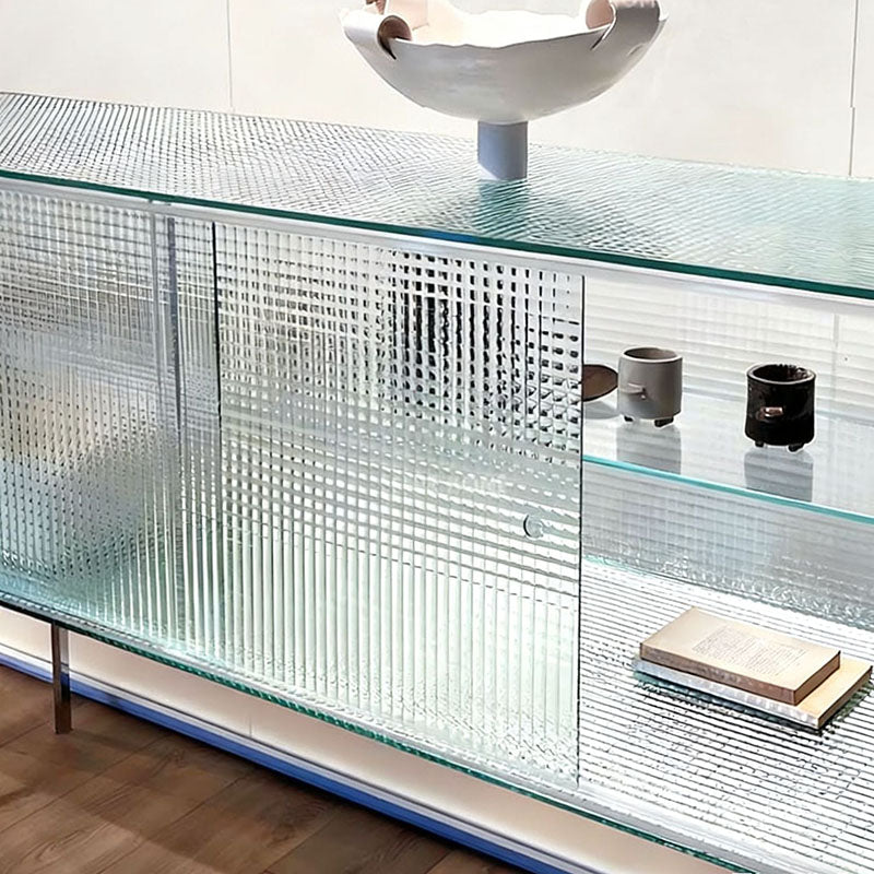 Modern Luxury Square Tempered-Glass Sideboard with Stainless Steel Legs - 1-Cabinet Dining Room Storage