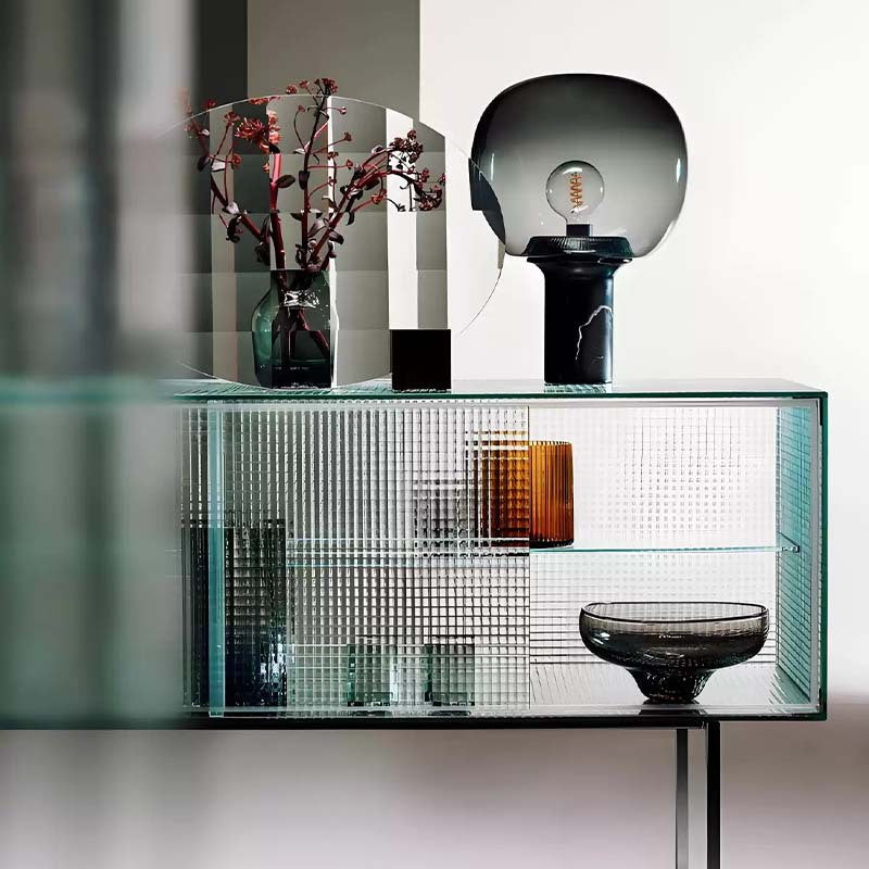 Modern Luxury Square Tempered-Glass Sideboard with Stainless Steel Legs - 1-Cabinet Dining Room Storage