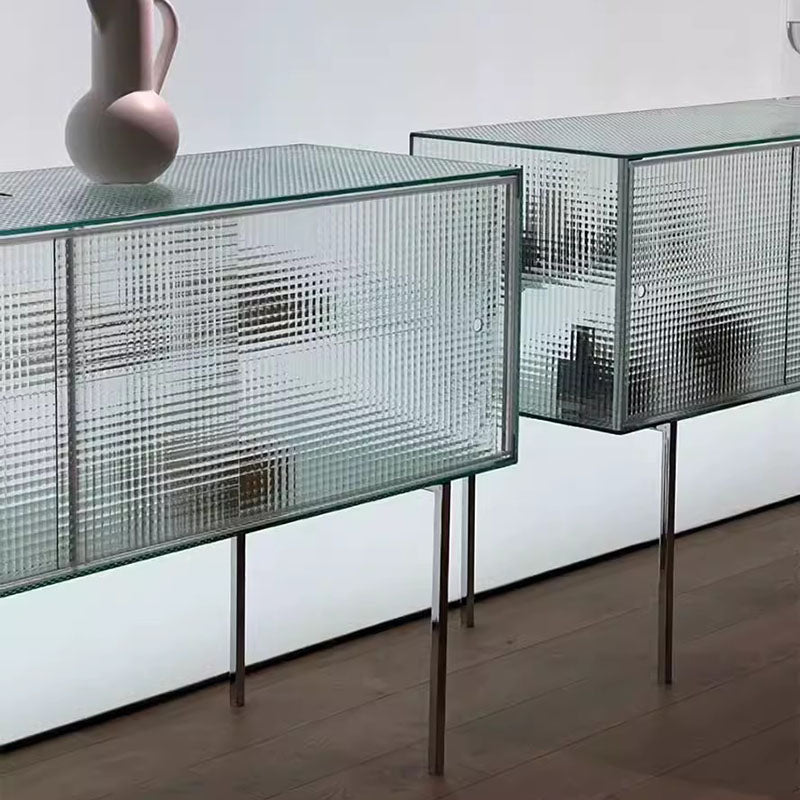 Modern Luxury Square Tempered-Glass Sideboard with Stainless Steel Legs - 1-Cabinet Dining Room Storage