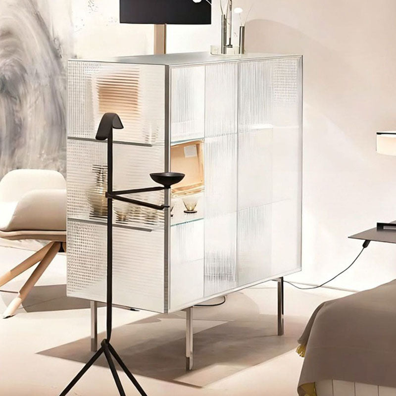 Modern Luxury Square Tempered-Glass Sideboard with Stainless Steel Legs - 1-Cabinet Dining Room Storage
