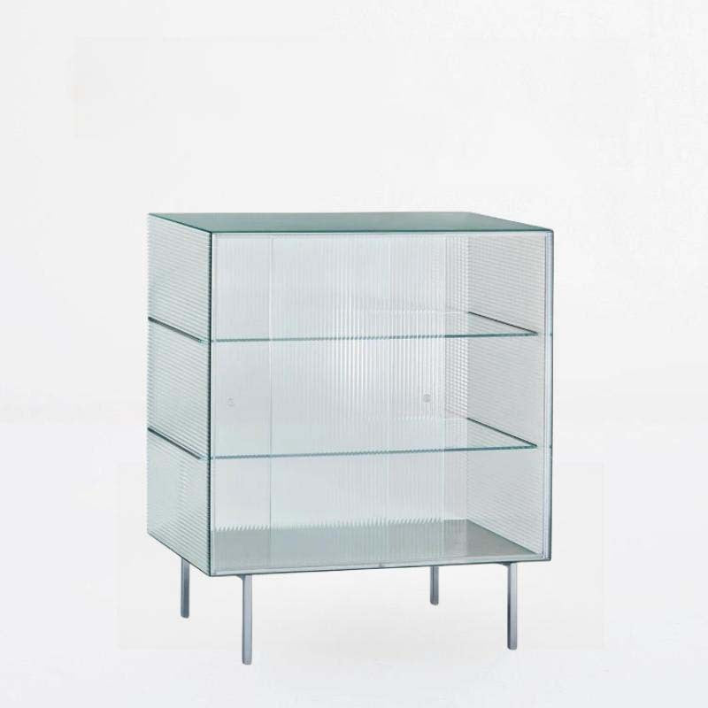 Modern Luxury Square Tempered-Glass Sideboard with Stainless Steel Legs - 1-Cabinet Dining Room Storage