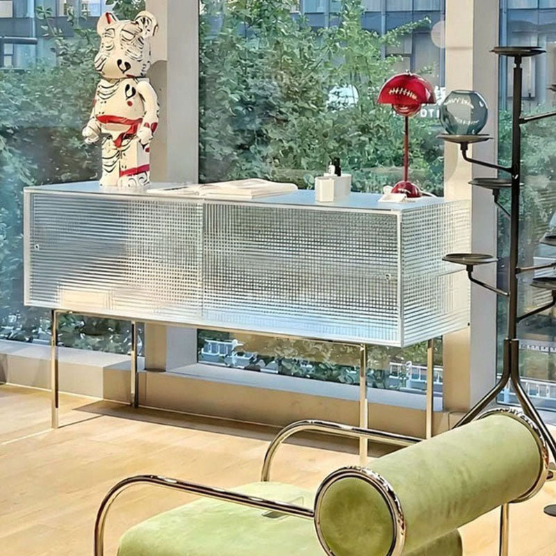 Modern Luxury Square Tempered-Glass Sideboard with Stainless Steel Legs - 1-Cabinet Dining Room Storage