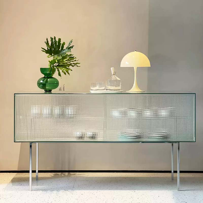 Modern Luxury Square Tempered-Glass Sideboard with Stainless Steel Legs - 1-Cabinet Dining Room Storage