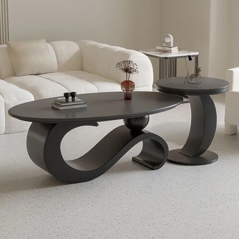Contemporary Scandinavian Oval Stone-Slab Coffee Table with Carbon Steel Frame for Living Room