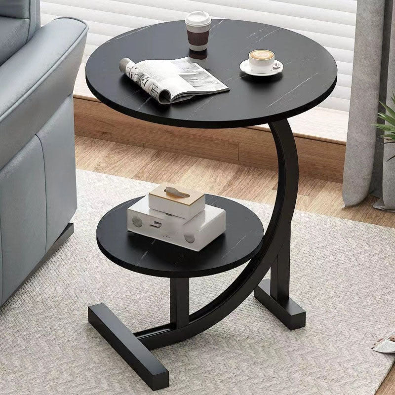 Sleek Modern Minimalist Round MDF and Iron Side Table with Half-Tier Storage for Living Room