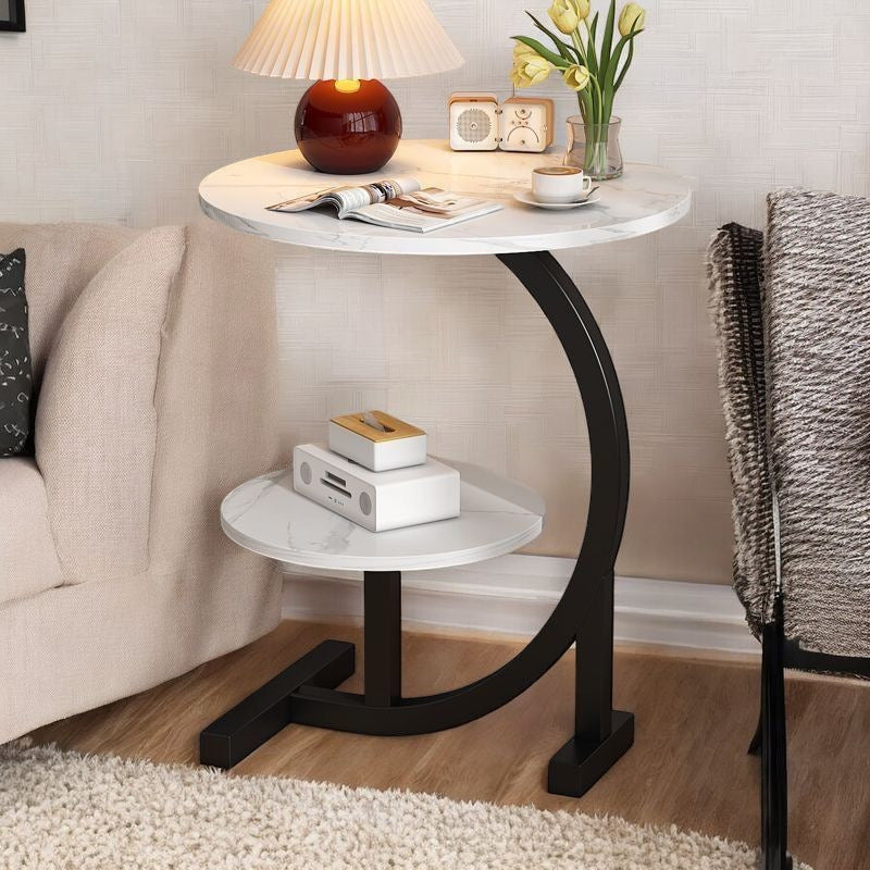 Sleek Modern Minimalist Round MDF and Iron Side Table with Half-Tier Storage for Living Room