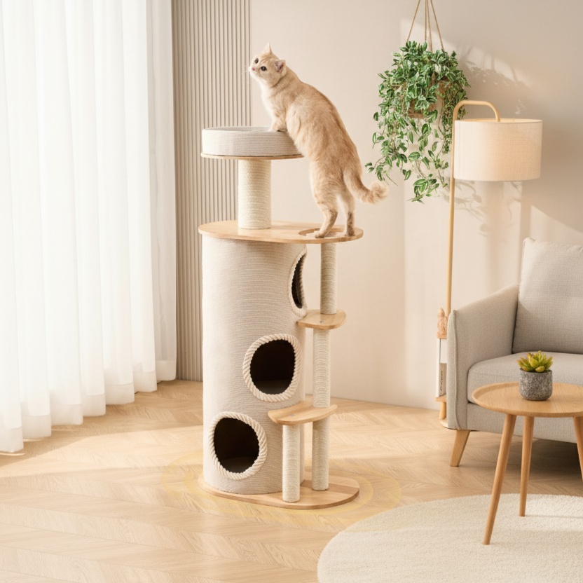 Modern Scandinavian Round Cat Tree with Sisal, Multi-Layer Solid Wood Panels and Acrylic Accents – Stylish Living Room Perch