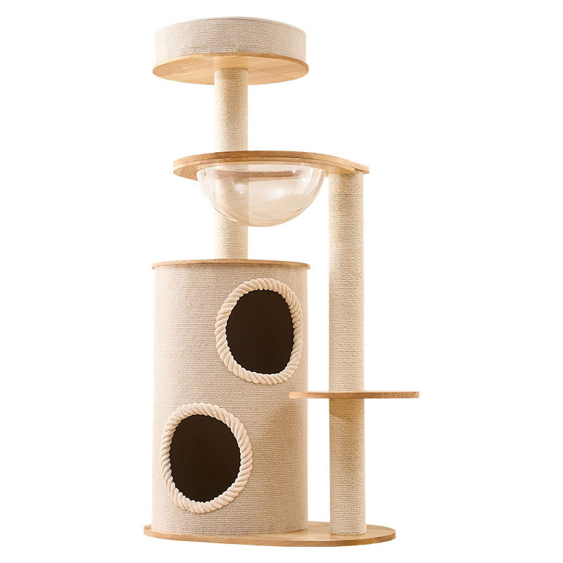 Modern Scandinavian Round Cat Tree with Sisal, Multi-Layer Solid Wood Panels and Acrylic Accents – Stylish Living Room Perch
