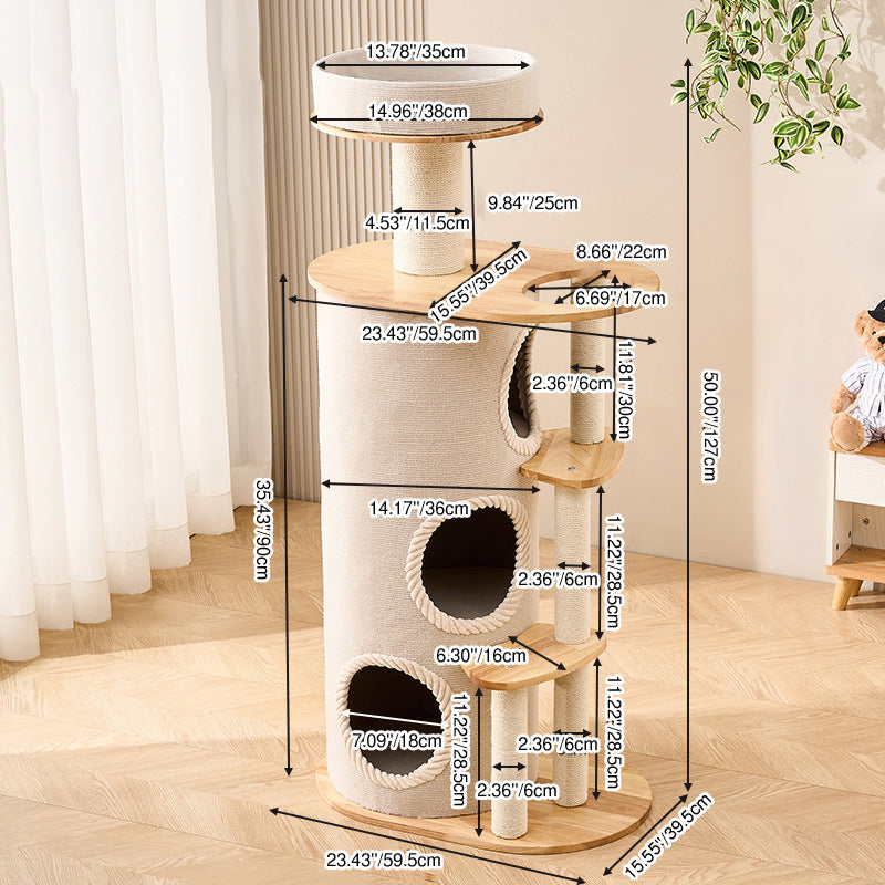 Modern Scandinavian Round Cat Tree with Sisal, Multi-Layer Solid Wood Panels and Acrylic Accents – Stylish Living Room Perch
