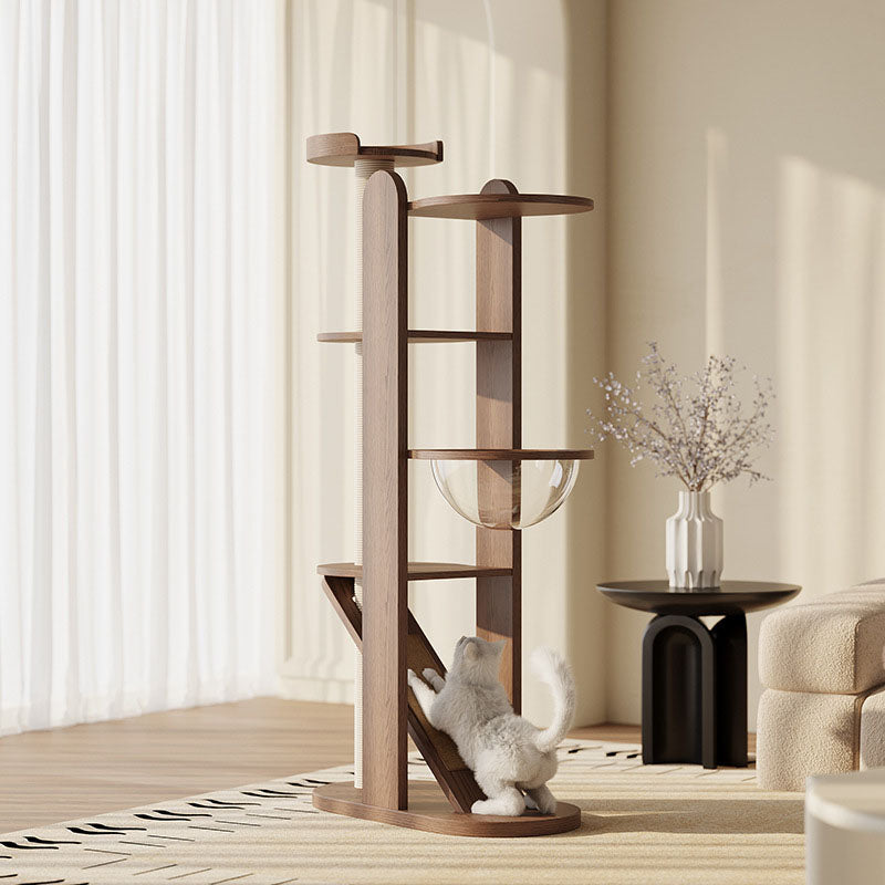 Contemporary Round 4-Tier Cat Tree – Solid Rubberwood with Acrylic & Sisal, Ideal for Living Room