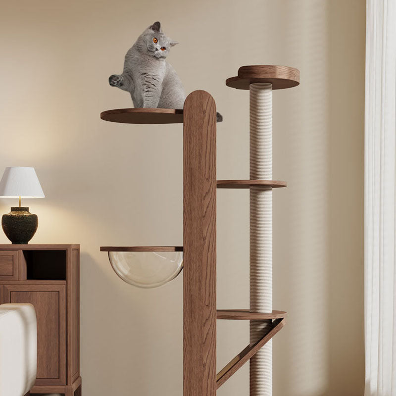 Contemporary Round 4-Tier Cat Tree – Solid Rubberwood with Acrylic & Sisal, Ideal for Living Room
