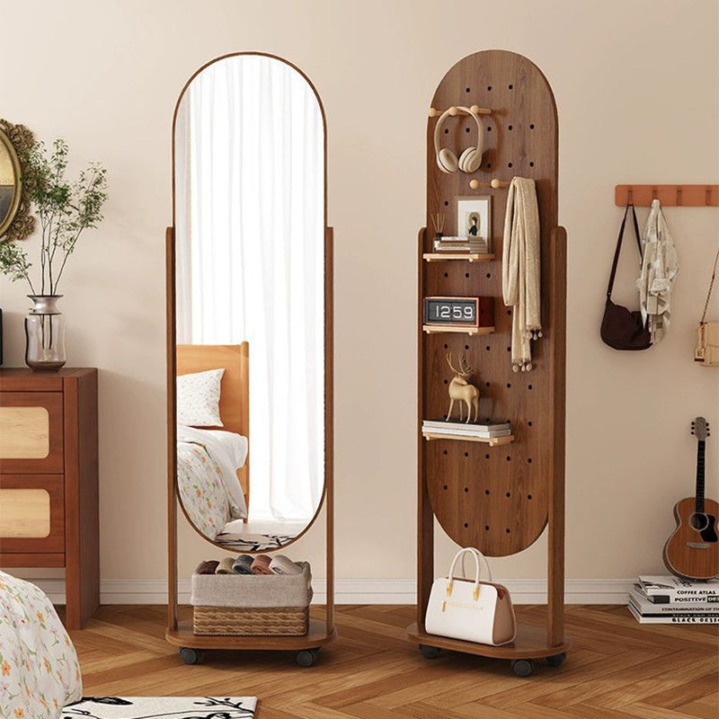 Modern Scandinavian Rectangular Full-Length Mirror with Integrated Plywood Shelf and Glass Surface for Bedroom