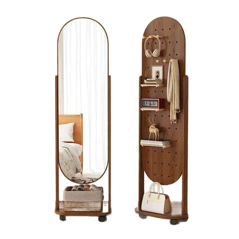 Modern Scandinavian Rectangular Full-Length Mirror with Integrated Plywood Shelf and Glass Surface for Bedroom