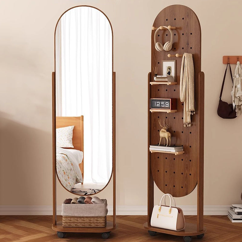 Modern Scandinavian Rectangular Full-Length Mirror with Integrated Plywood Shelf and Glass Surface for Bedroom