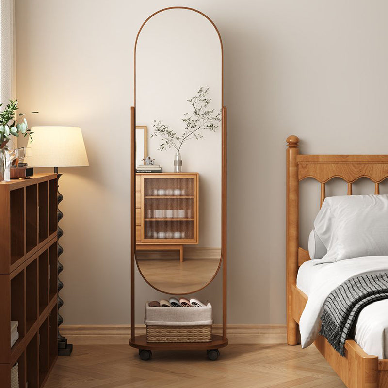 Modern Scandinavian Rectangular Full-Length Mirror with Integrated Plywood Shelf and Glass Surface for Bedroom