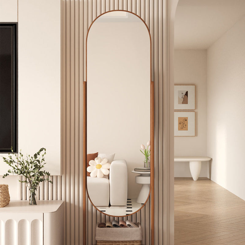 Modern Scandinavian Rectangular Full-Length Mirror with Integrated Plywood Shelf and Glass Surface for Bedroom