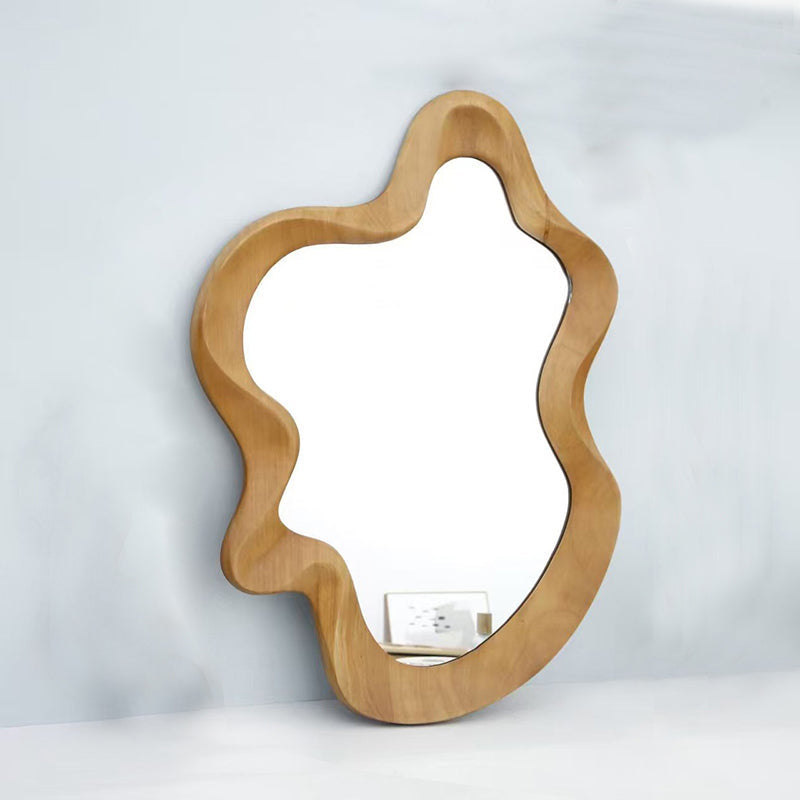 Traditional French-Style Irregular Wavy Rubberwood Solid Wood Wall Mirror with Tempered Glass for Bedroom