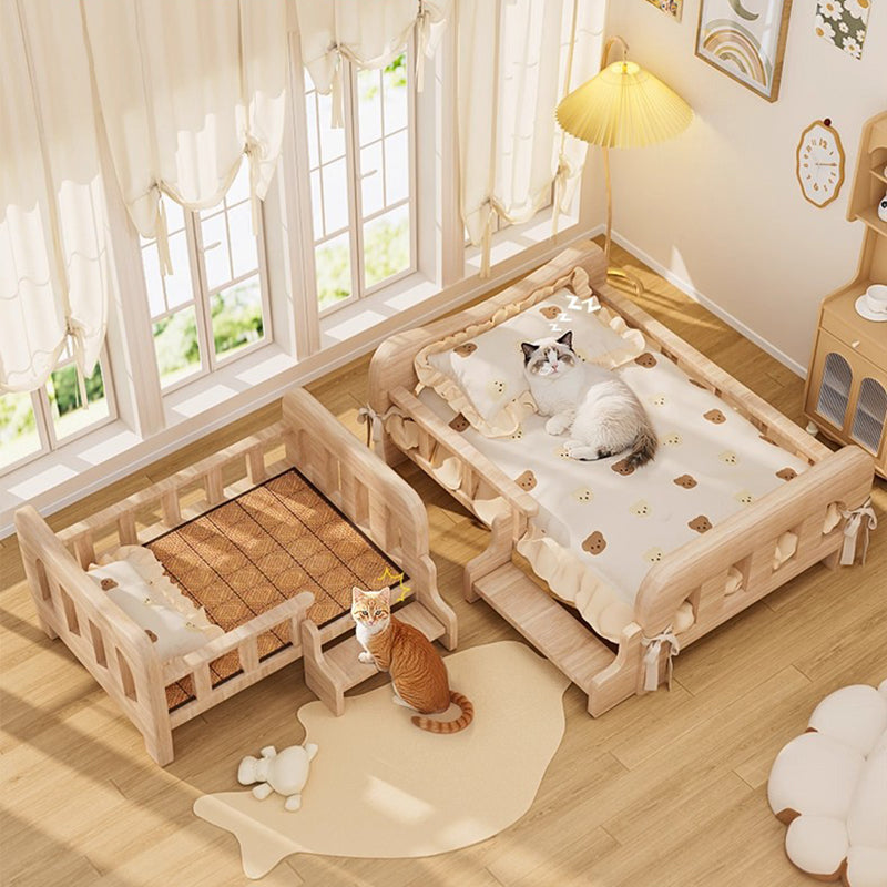 Modern Rectangular Fabric Pet Bed with Rattan Accent and Solid Pine Wood Frame for Bedroom