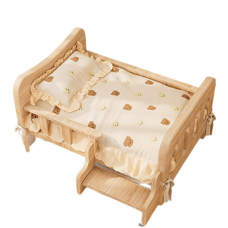 Modern Rectangular Fabric Pet Bed with Rattan Accent and Solid Pine Wood Frame for Bedroom