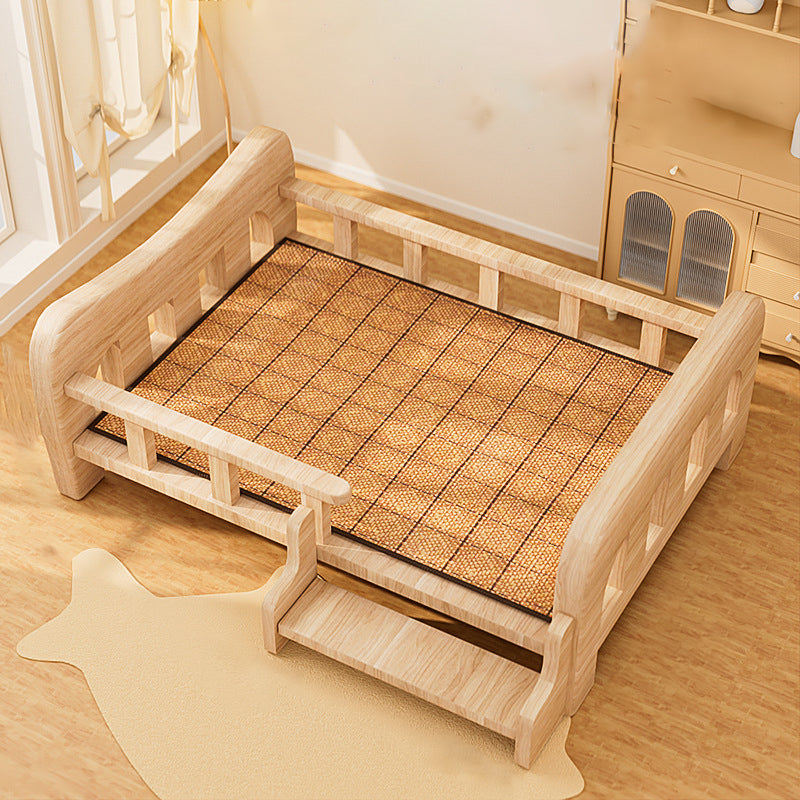 Modern Rectangular Fabric Pet Bed with Rattan Accent and Solid Pine Wood Frame for Bedroom