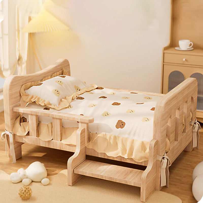 Modern Rectangular Fabric Pet Bed with Rattan Accent and Solid Pine Wood Frame for Bedroom