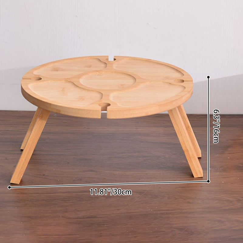 Traditional Japanese Round Solid Pine Wood Foldable Side Table with Fruit Tray for Outdoor Use