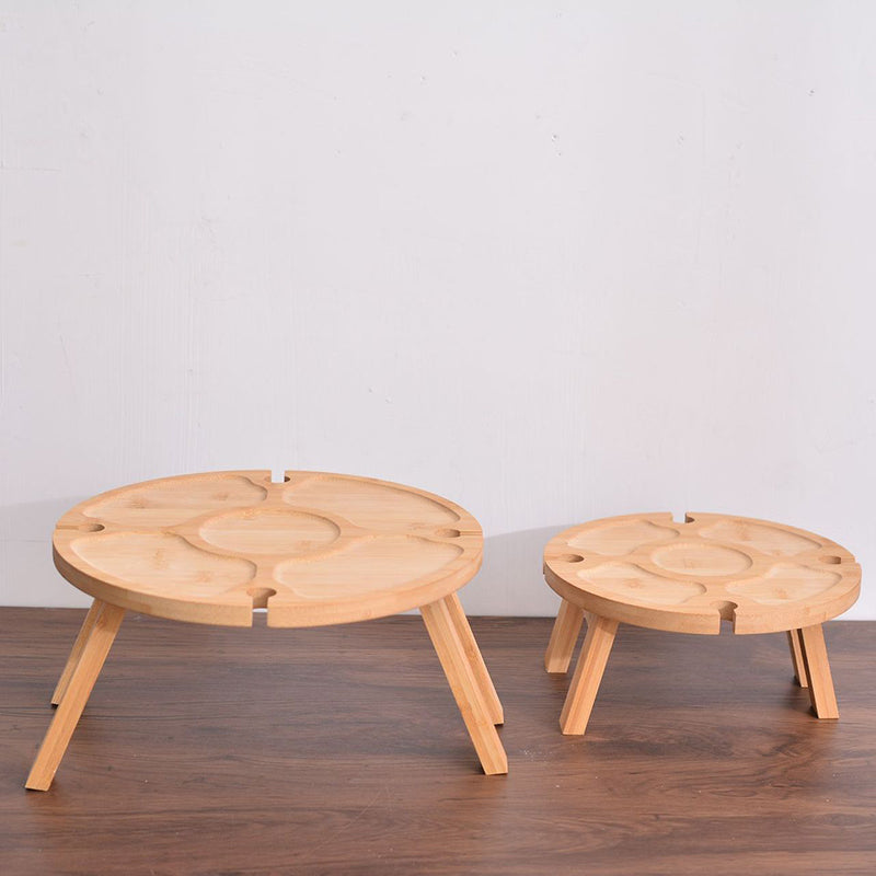 Traditional Japanese Round Solid Pine Wood Foldable Side Table with Fruit Tray for Outdoor Use