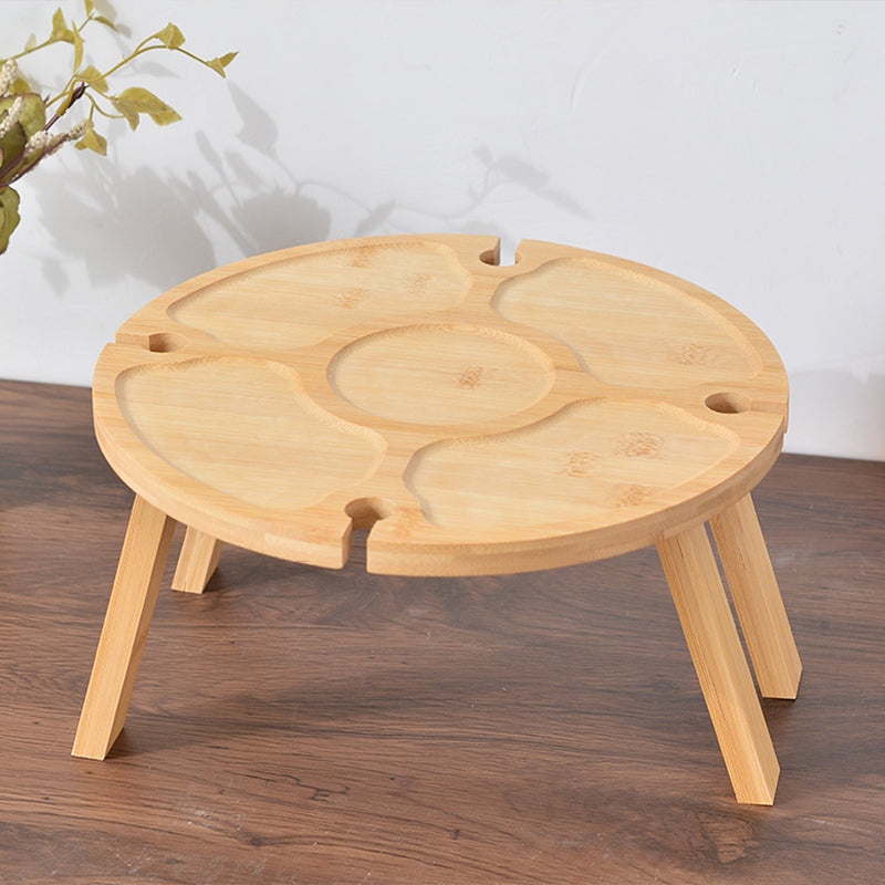Traditional Japanese Round Solid Pine Wood Foldable Side Table with Fruit Tray for Outdoor Use