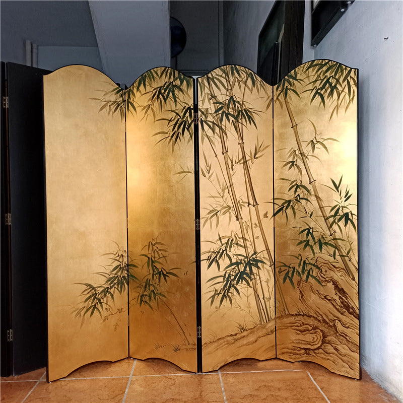 Elegant Traditional Chinese Rectangular Room Divider with Gold Leaf — Foldable, Hand-Painted, Solid Wood and Plywood for Living Room