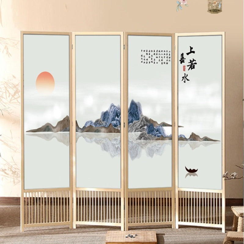 Traditional Chinese Rectangular Room Divider – Foldable, Solid Pine Wood with PVC Panels for Living Room