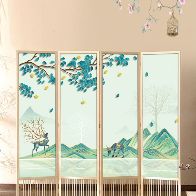 Traditional Chinese Rectangular Room Divider – Foldable, Solid Pine Wood with PVC Panels for Living Room