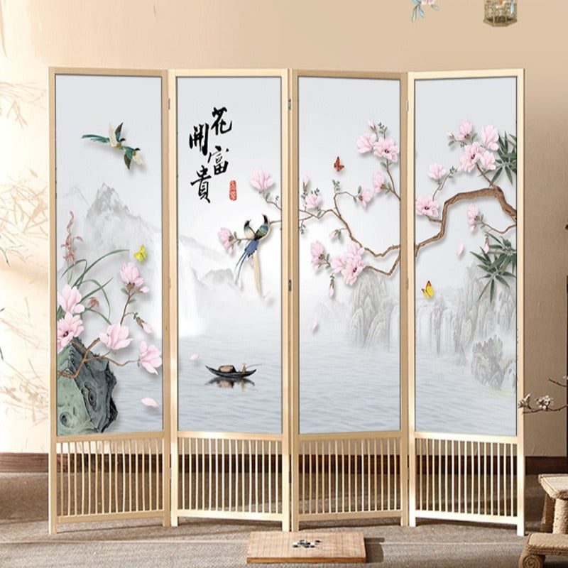 Traditional Chinese Rectangular Room Divider – Foldable, Solid Pine Wood with PVC Panels for Living Room