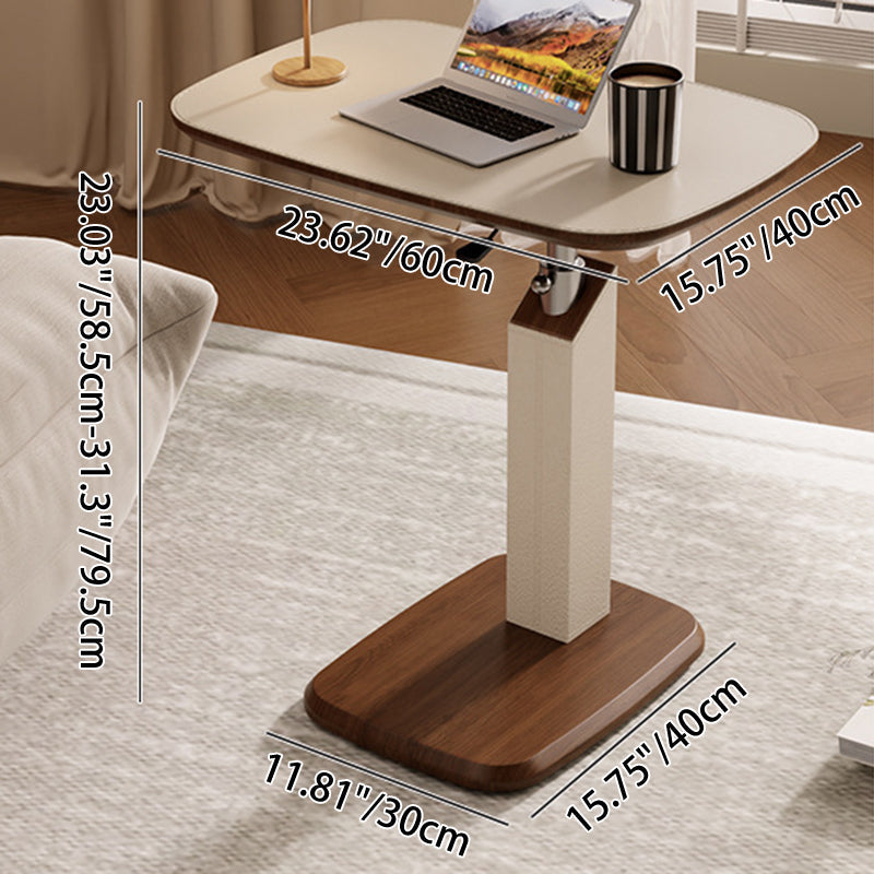 Contemporary Scandinavian Rectangular Side Table with Saddle Leather Top, MDF Construction, Height-Adjustable Swivel Base for Living Room