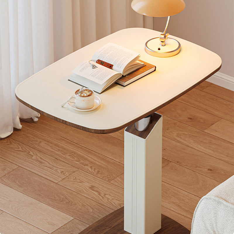 Contemporary Scandinavian Rectangular Side Table with Saddle Leather Top, MDF Construction, Height-Adjustable Swivel Base for Living Room