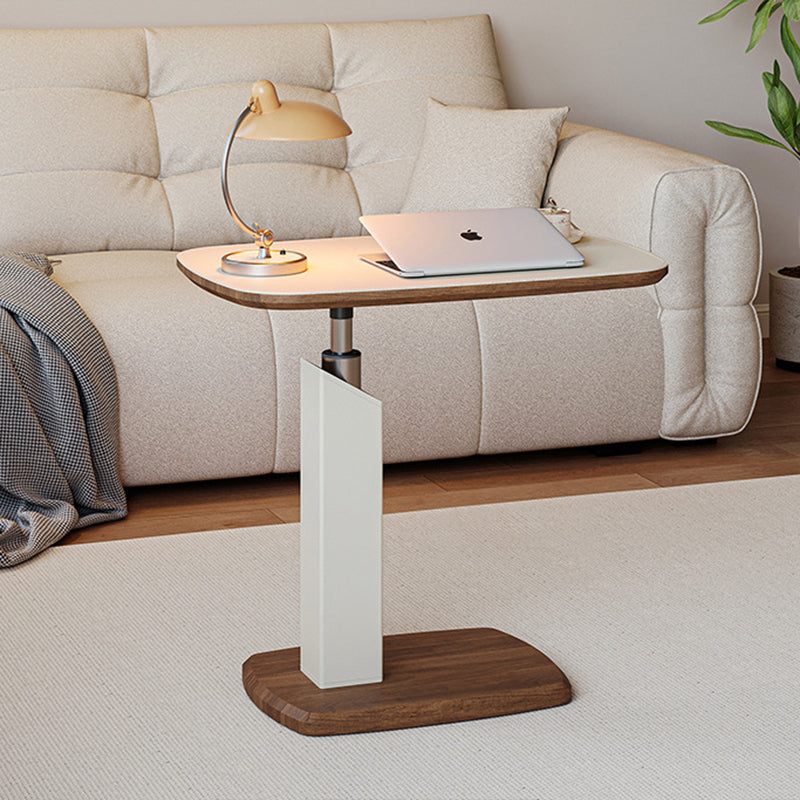 Contemporary Scandinavian Rectangular Side Table with Saddle Leather Top, MDF Construction, Height-Adjustable Swivel Base for Living Room