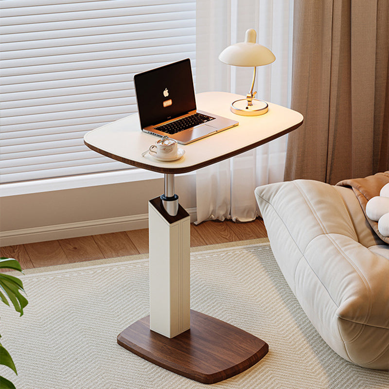 Contemporary Scandinavian Rectangular Side Table with Saddle Leather Top, MDF Construction, Height-Adjustable Swivel Base for Living Room